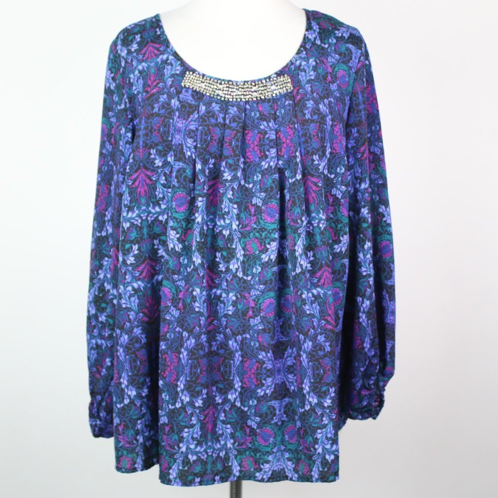 Jaclyn Smith Womens XL Beaded Neck Pleated Blouse Top